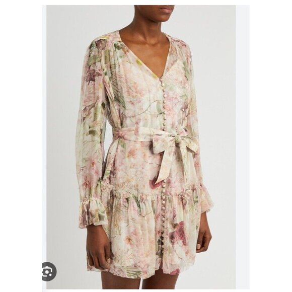 Zimmermann Dancer Lantern Sleeve Mini Dress Alabaster Garden Floral